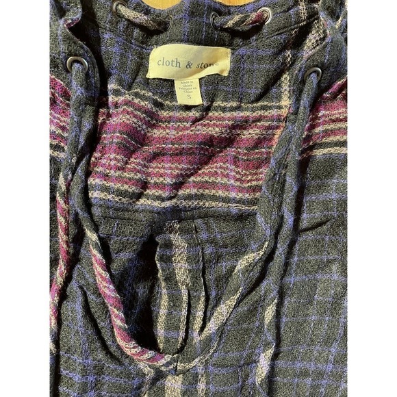 Anthropologie Cloth & Stone Plaid Boho Long Sleeve V Neck Mini Dress Size S - Picture 2 of 5